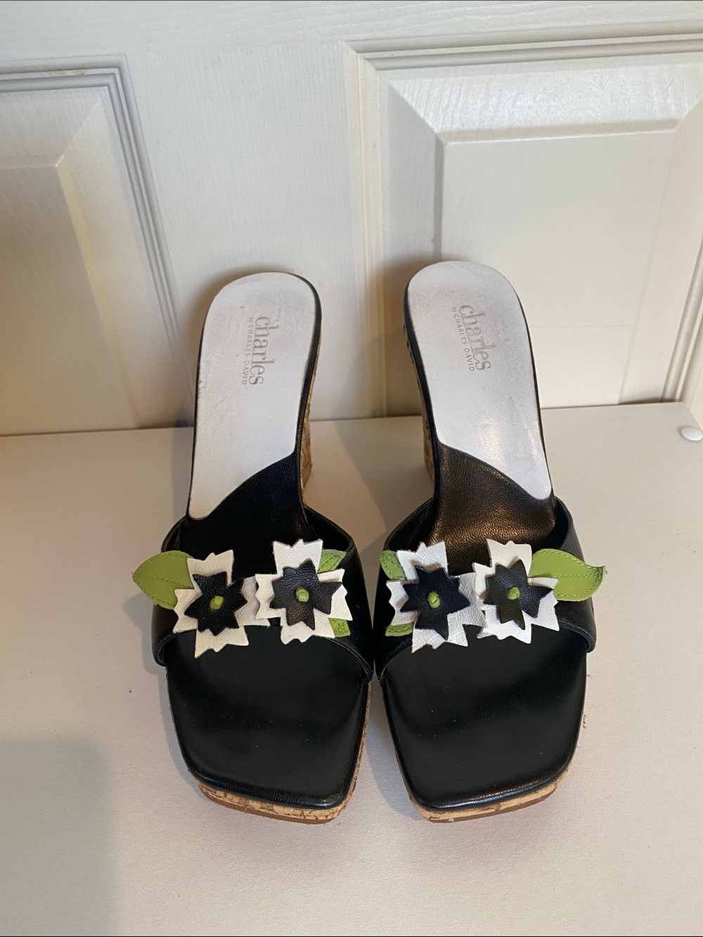 Charles By Charles David Black Slide Mules with White & Green Floral Appliqué
